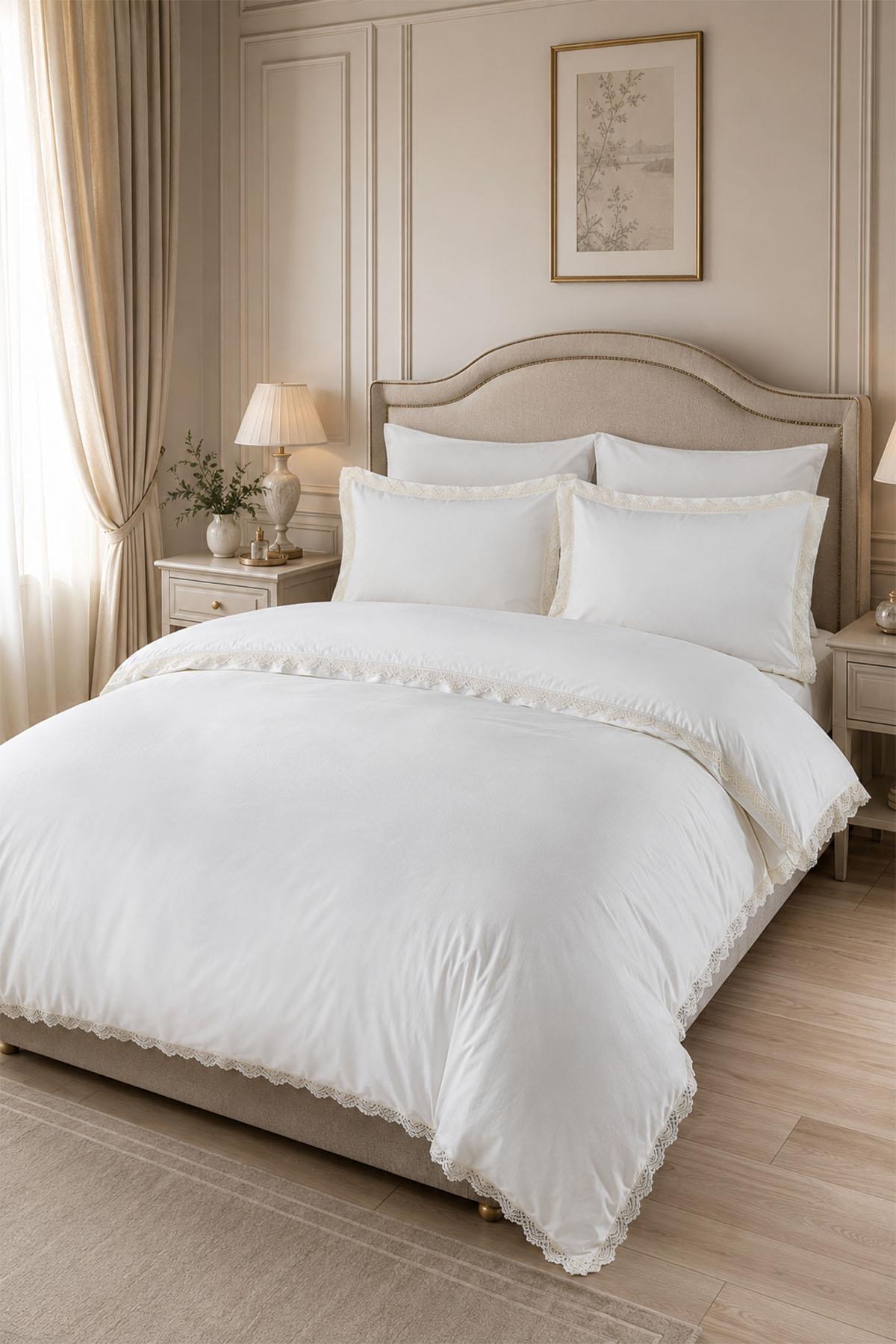 Zarif 300 TC Dantelli Pamuk Saten Süper King Size 6 Parça Nevresim Takımı
