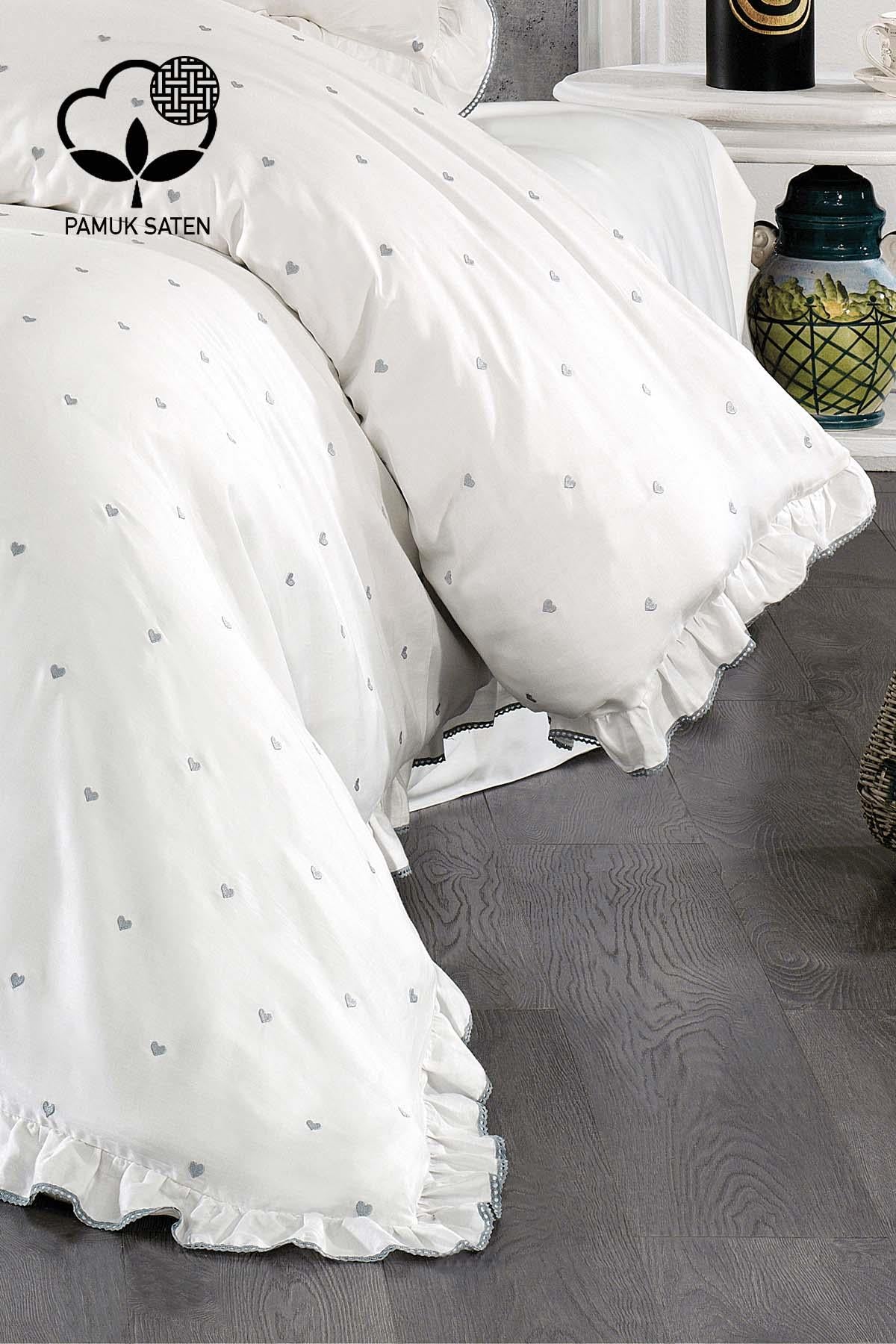 Amore Kalp Nakışlı Pamuk Saten King Size 6 Parça Nevresim Takımı