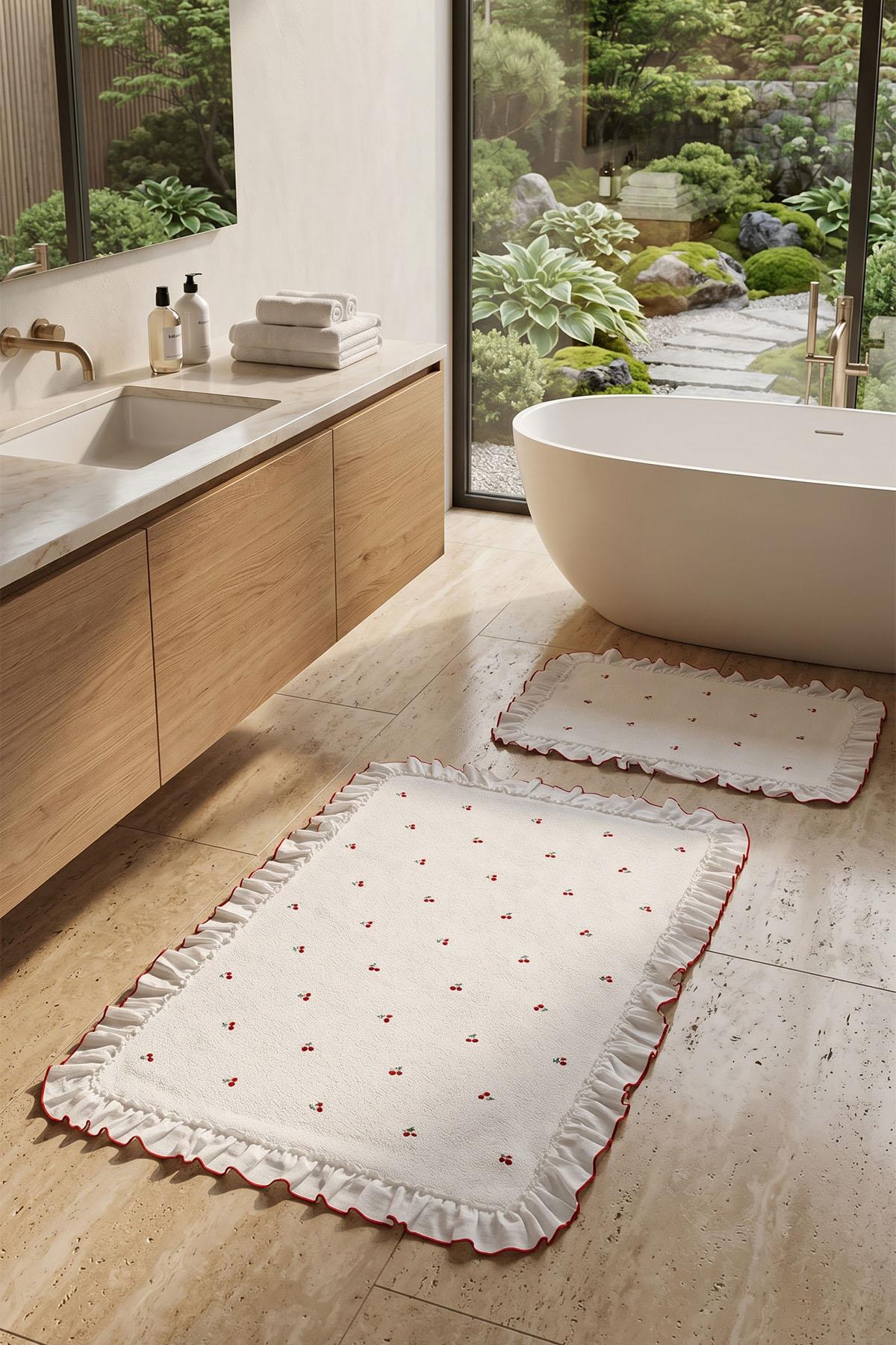 Cherry Kiraz Nakışlı 2'li Paspas Set (60 x 100 cm)