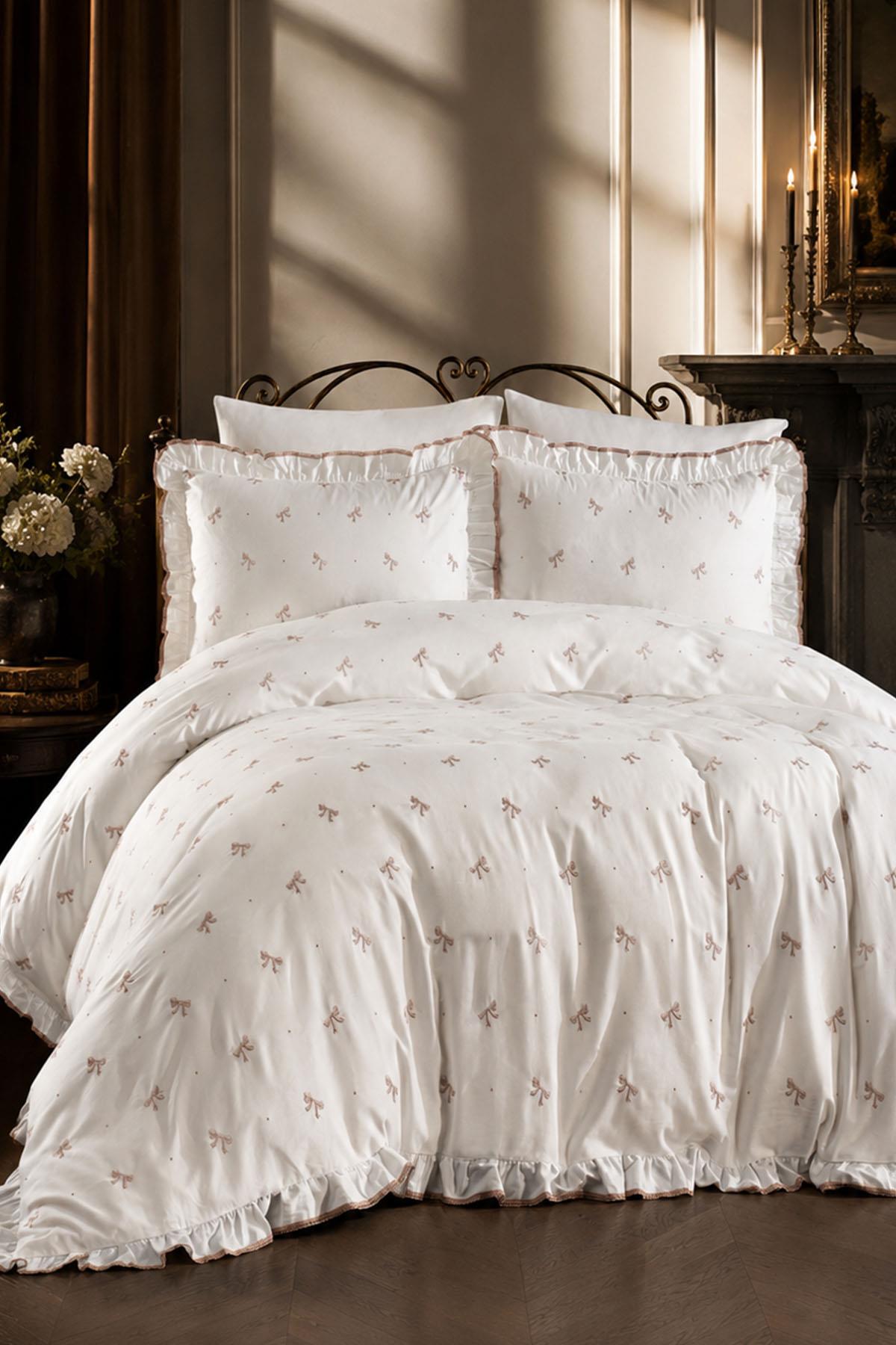 Serena Fiyonk Nakışlı Pamuk Saten King Size 6 Parça Nevresim Takımı