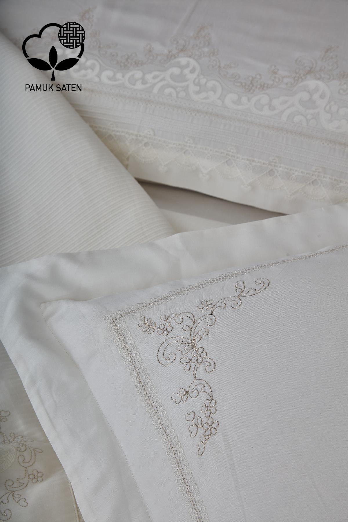 Yakut işlemeli beyaz çift kişilik pamuk saten nevresim pike takımı detayları